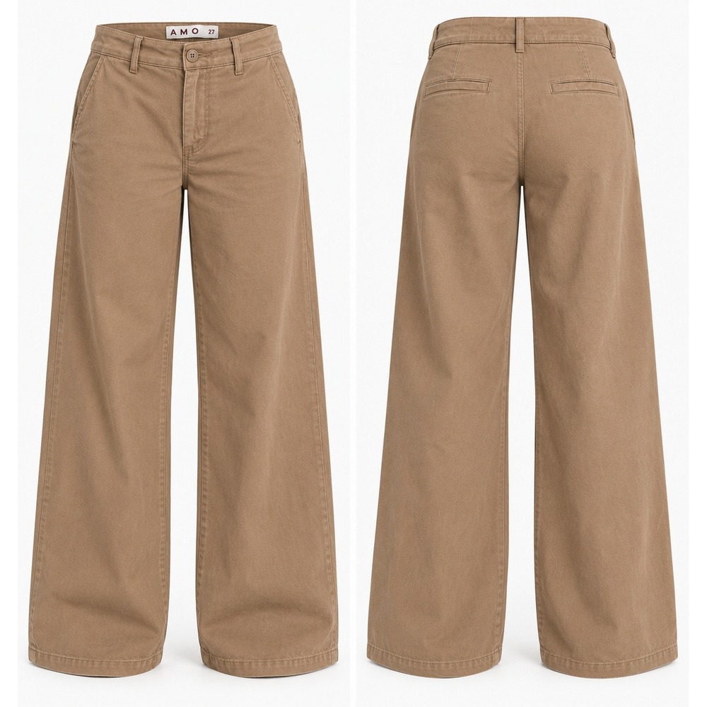 AMO Women Tan Wide Leg High Rise Organic Cotton Blend Trousers Pants Size 27 NEW